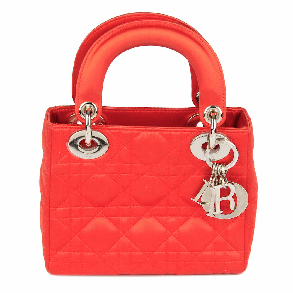 a red satin Cannage Mini Lady Dior handbag