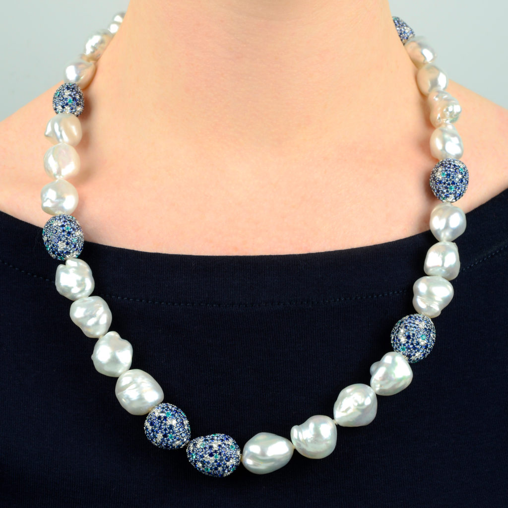 A South Sea baroque cultured pearl, diamond, sapphire and paraiba tourmaline 'Midnight Sky' necklace, by Mikimoto.