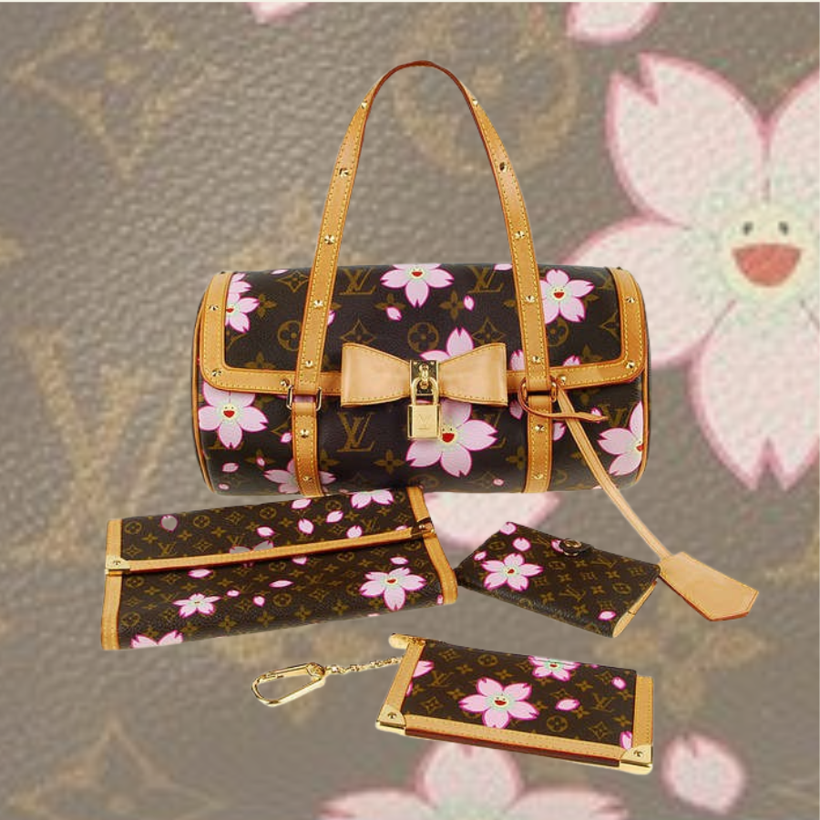 A SET OF TWO: A LIMITED EDITION CHERRY BLOSSOM MONOGRAM PAPILLON BAG BY  TAKASHI MURAKAMI AND A LIMITED EDITION CHERRY BLOSSOM MONOGRAM POCHETTE BY  TAKASHI MURAKAMI, LOUIS VUITTON, 2003