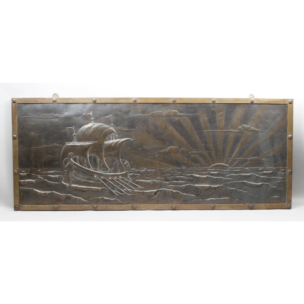 large and impressive copper panel depicting a ship in choppy seas