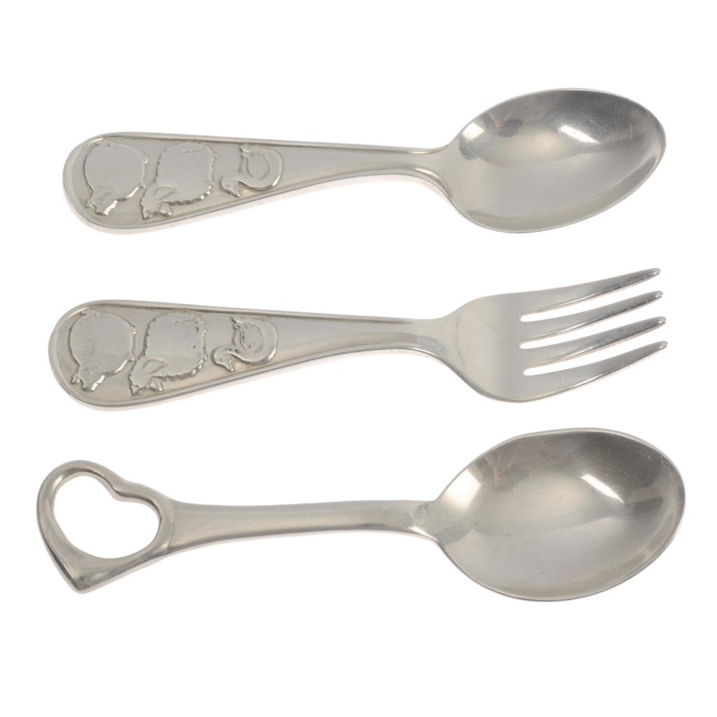 Tiffany & Co., Elsa Peretti Open Heart baby spoon, a further Tiffany baby spoon & fork set; together with Italian 800 standard beaker & baby spoon.