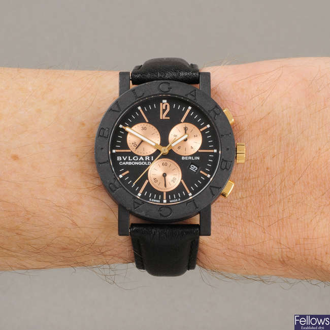 LOT:37 | BULGARI - a limited edition gentleman's bi-material CarbonGold  Berlin chronograph wrist watch.