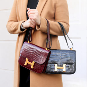 Two vintage 23cms crocodile skin Constance handbags