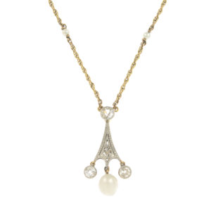 A composite late 19th century gold and platinum natural saltwater pearl and old-cut diamond pendant