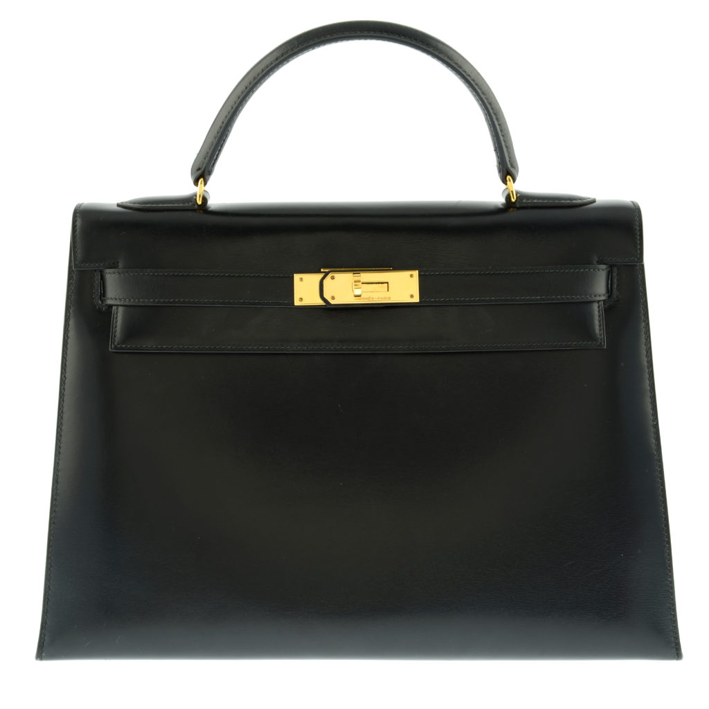 HERMÈS black box calf leather Kelly 32 in May's Designer Collection.