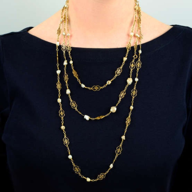 A mid to late 19th century 18ct gold baroque pearl necklace, by Castellani.