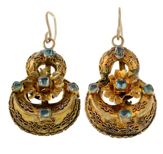 A pair of Victorian Etruscan revival 14ct gold beryl drop earrings.