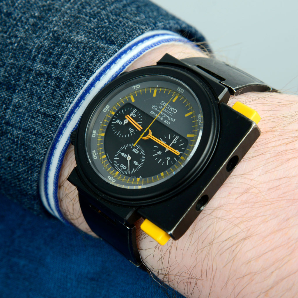 SEIKO - a PVD-coated stainless steel Sports 100 'Alien' chronograph bracelet watch, 43mm.