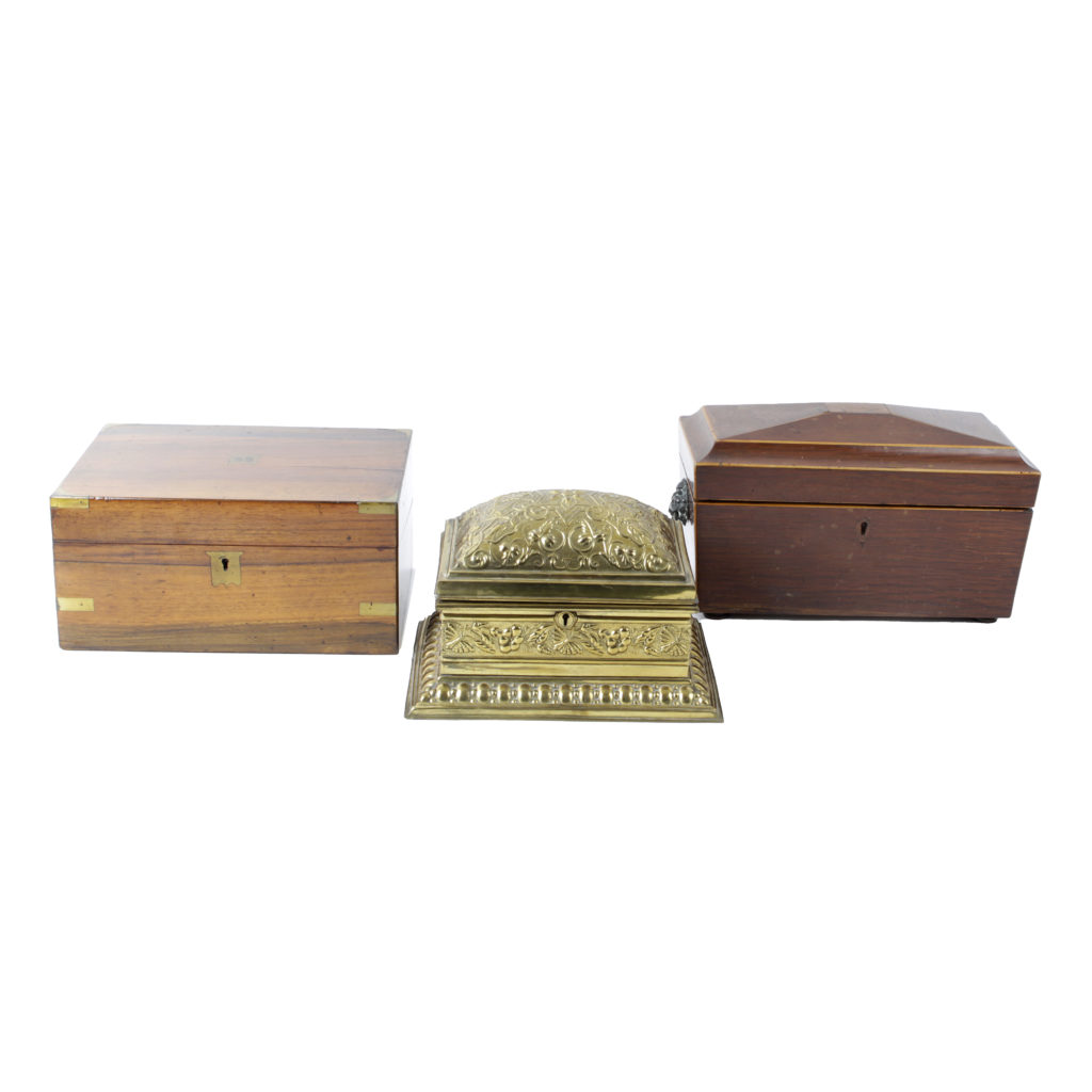 History of Tea: Victorian jewellery casket, writing slope and tea caddy