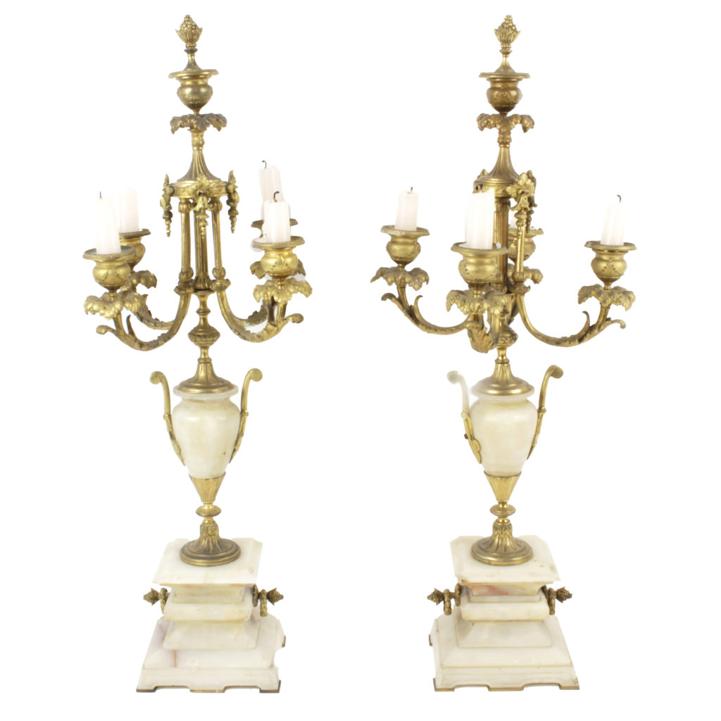 Pair of alabaster and gilt metal candelabra and similar table lamp