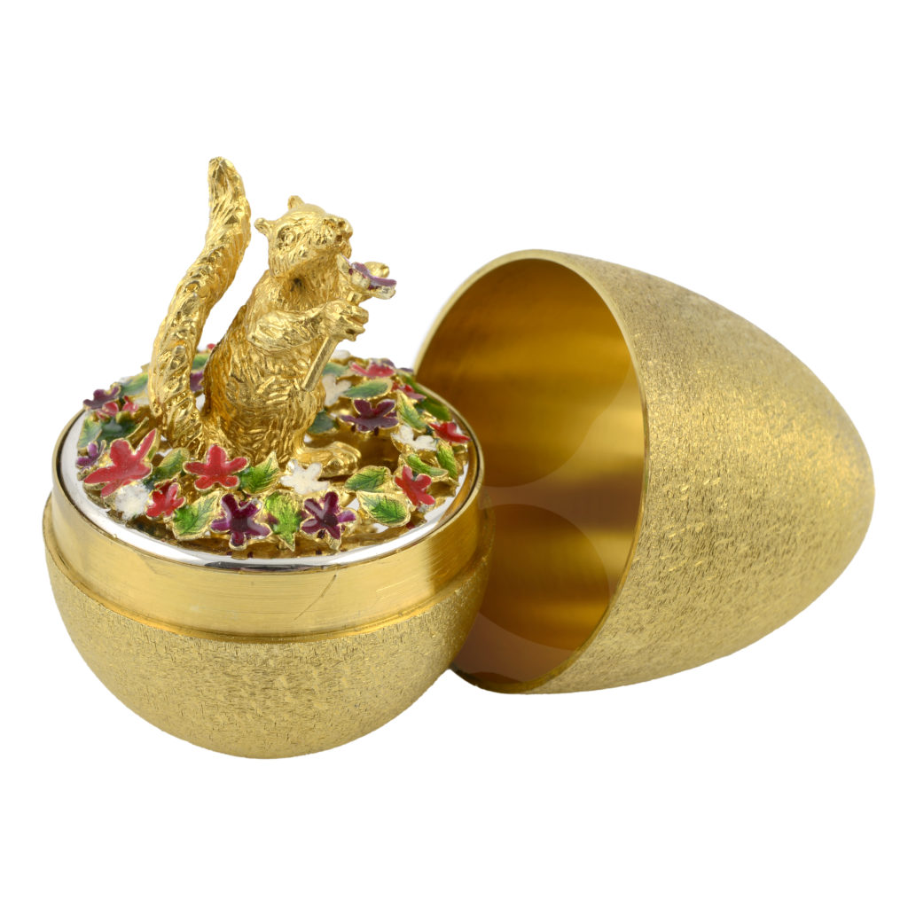 Stuart Devlin, silver-gilt surprise egg 'Squirrel with flowers'