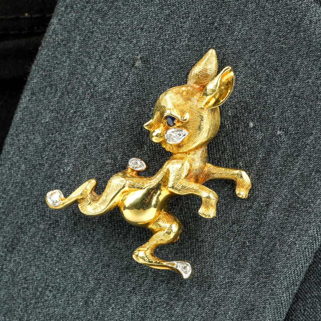 18ct gold gem rabbit brooch, by Ben Rosenfeld Ltd
