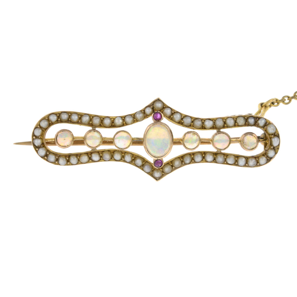 Opal, split pearl & ruby brooch