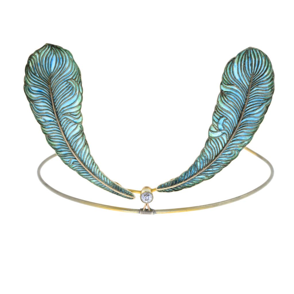 Enamel peacock feather tiara, by Child & Child