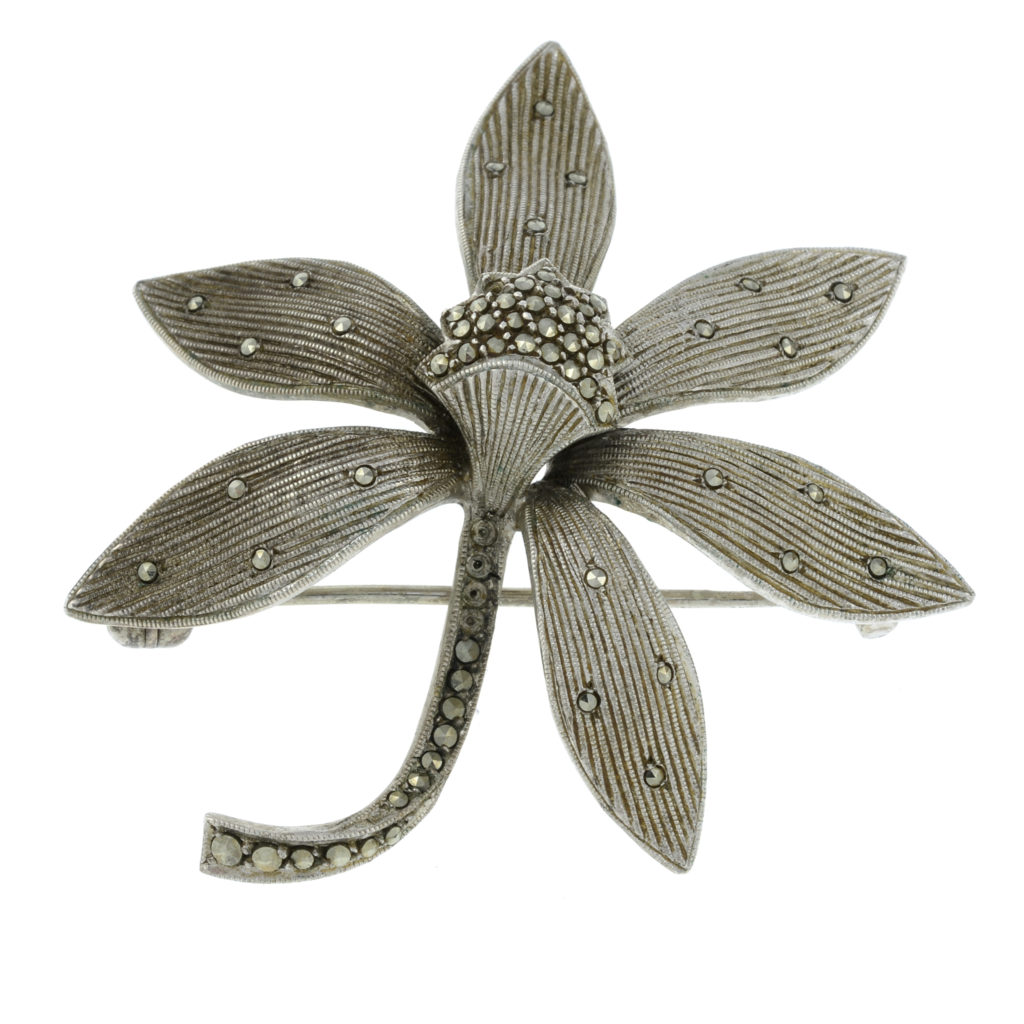 n Art Nouveau silver marcasite flower brooch, by Theodor Fahrner.