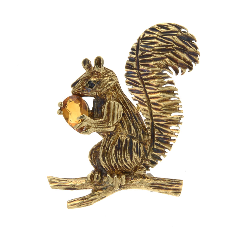9ct gold citrine & sapphire squirrel brooch