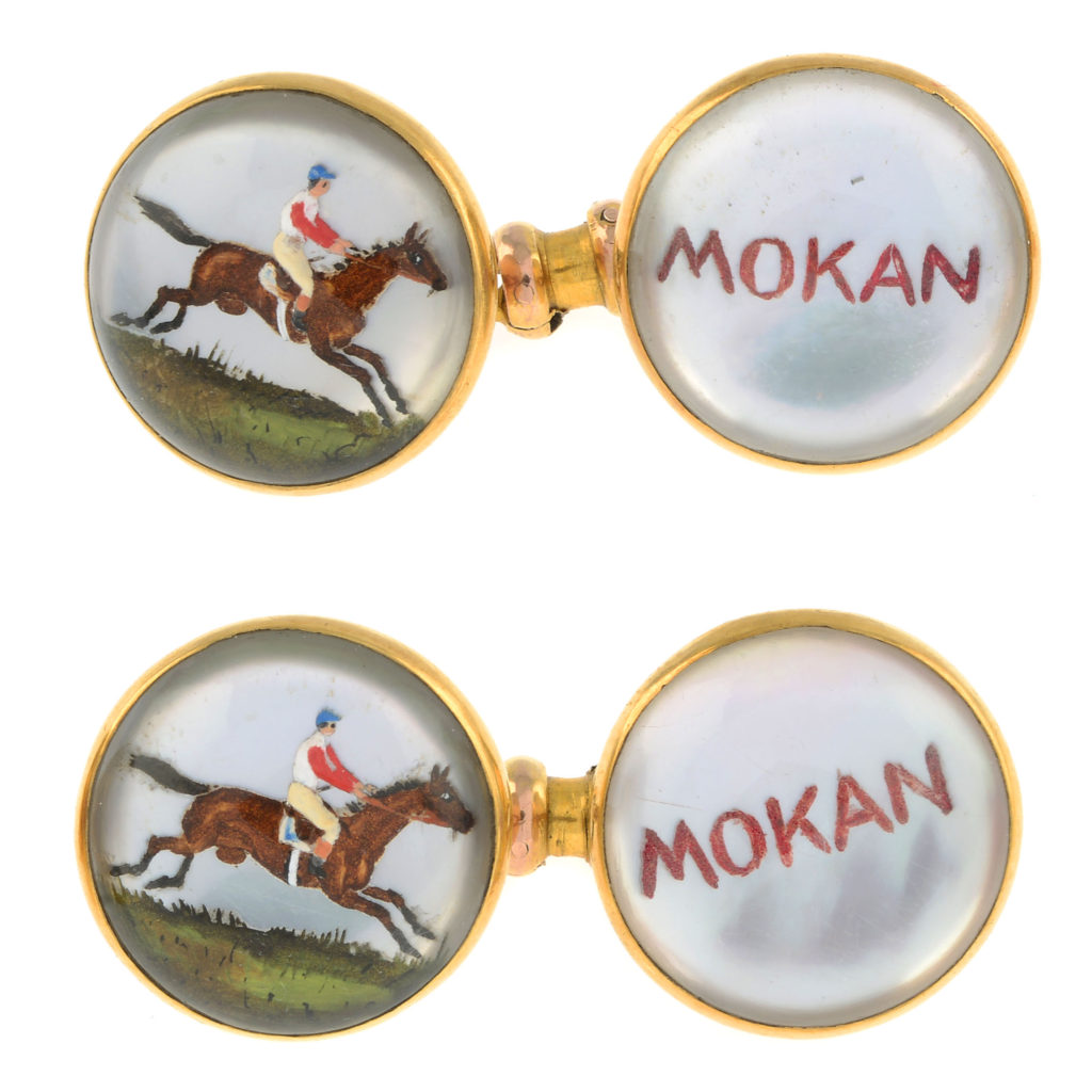 Vienna. early c20th. 14ct gold, reverse intaglio rock crystal cufflinks depicting Mokan, the prize-winning racehorse