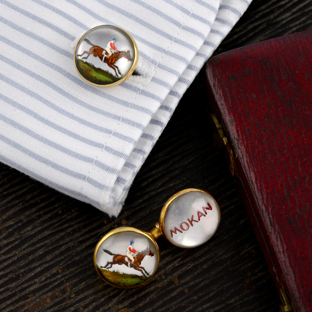 Early 20th century gold reverse carved intaglio cufflinks, depicting the Mokan, a prize winning race horse