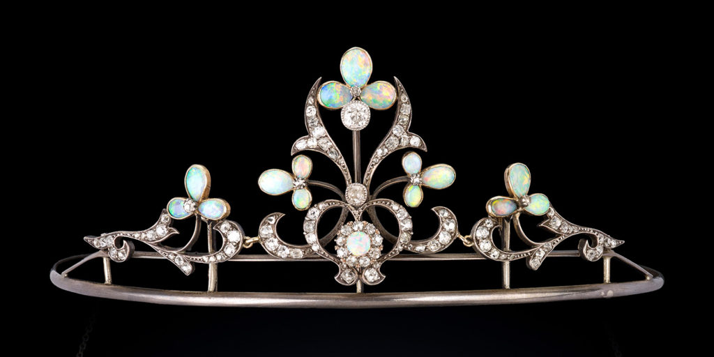 Late 19th century silver, gold opal and old-cut diamond tiara